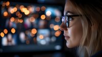 Young blonde woman in glasses shown in profile against blurred bokeh lights background creating atmospheric evening mood for lifestyle and fashion designs.