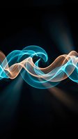 Abstract flowing wave design with luminous blue and copper tones on dark background. Smooth, swirling light trails create dynamic motion effect for modern digital projects and contemporary design applications.