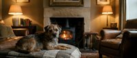 Small fluffy dog relaxing on couch in cozy living room with fireplace and warm lighting for home comfort and pet lifestyle concepts.