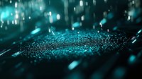 Digital fingerprint scan visualization with glowing cyan particles and bokeh effects on dark background, representing biometric security and personal data protection.