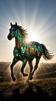 Stained glass mosaic horse galloping at sunset with colorful geometric patterns and flowing mane against dramatic sky with sunburst rays over landscape.