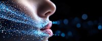 Sensual female lips with glowing blue sparkles and particles on black background, side view profile with dramatic lighting and bokeh effects.