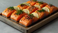 Fresh raw salmon fillets garnished with lemon slices, dill, and black sesame seeds arranged on wooden serving board, ready for cooking. Healthy seafood preparation.