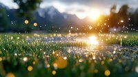 Magical sunrise over dewy grass meadow with sparkling water drops and lens flare effects creating dreamy bokeh lights against mountain landscape background.