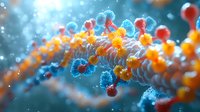 Microscopic view of DNA helix structure with glowing orange and blue molecules against dark background showing genetic research and biotechnology advancement.