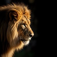 Majestic male lion profile portrait with golden mane illuminated by warm sunlight against dark background showcasing wild African big cat power and strength.