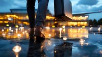 Business person walking on wet reflective surface with city lights creating magical bokeh effect at dusk, capturing urban romance and evening atmosphere.