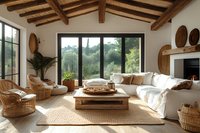 Modern boho living room with exposed wooden beams, rattan furniture, white sofa, natural jute rug and large windows overlooking green landscape. Bright interior design.