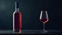 Elegant rose wine bottle and glass on dark background with dramatic lighting and reflective surface, minimalist composition for wine marketing.