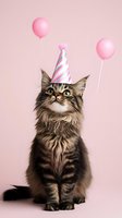 Fluffy Maine Coon cat wearing party hat with pink balloons on pastel background. Celebration concept with adorable feline in festive mood looking up.