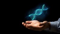 Businessman hands holding glowing DNA double helix structure representing genetic research, biotechnology innovation and medical science advancement.