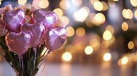 Pink heart-shaped balloons against blurred golden bokeh lights background create romantic Valentine's Day or celebration atmosphere with soft dreamy glow.