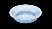 Light blue plastic colander with drainage holes, isolated on transparent background. Great for kitchen clipart, print on demand, stickers, T-shirt design, and sublimation projects.