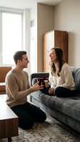 Young Caucasian man giving gift box to smiling woman sitting on sofa in modern living room during romantic celebration at home.