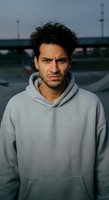 Portrait of a young man with dark hair and facial hair wearing a gray hoodie against an urban industrial background with blurred structures.