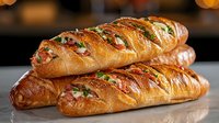 Freshly baked golden braided bread loaves filled with herbs and garlic, topped with melted butter and fresh parsley on reflective surface. Perfect for bakery menu.