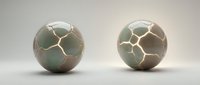 Cracked stone spheres with glowing golden lines on neutral background, suitable for game design, 3D modeling, and digital art projects.