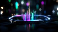 Futuristic holographic data visualization with colorful glowing bars emerging from circular platform against bokeh lights background for technology presentations.