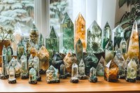 Collection of healing crystals and mineral points displayed on wooden surface near window, featuring green and orange quartz towers, natural formations in various sizes.