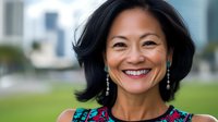 Confident mature Asian businesswoman with bright smile wearing colorful ethnic pattern blouse outdoors against urban background, representing success and leadership.