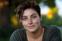 Young woman with short dark hair and natural makeup smiling warmly at camera outdoors during golden hour with soft bokeh background and gentle natural lighting.