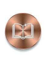 Copper metallic circular button with open book icon featuring sparkles, isolated on white background for web design and educational applications.
