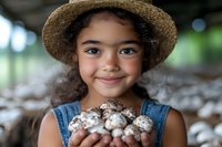 Mixed race girl in straw hat holding fresh mushrooms, smiling warmly at camera. Natural light portrait captures childhood joy and connection to farming.