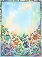 Watercolor illustration featuring colorful paw prints in orange, blue, purple, and green surrounded by botanical elements and foliage on soft pastel background. Suitable for pet-related designs.