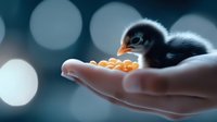 Tiny black duckling sitting in human palm with orange corn kernels, soft bokeh lights in dark blue background creating magical atmosphere.