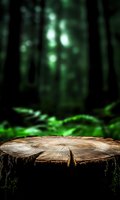 Rustic wooden stump in mystical forest with blurred green bokeh background and ferns, natural product display platform for merchandise presentation.