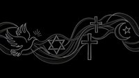 Religious symbols dove cross star of david crescent moon connected by flowing lines on black background representing interfaith unity and spiritual harmony.