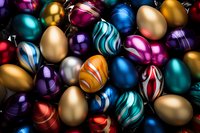 Colorful metallic Easter eggs with swirled patterns and stripes in vibrant blue, gold, purple, and turquoise shades create festive holiday background composition.