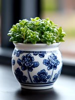 Succulent plant in decorative blue and white ceramic pot with floral pattern, placed on windowsill. Natural light highlights fresh green leaves and porcelain details.