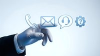 Business hand touching digital communication icons including phone, email, chat and settings on clean background for corporate technology solutions.