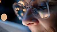 Young Asian woman in glasses working late at night, face illuminated by screen light with bokeh effects in background, focused expression while using computer.