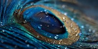 Peacock feather with water droplets showing iridescent blue and green colors in macro detail for nature photography and decorative design projects.