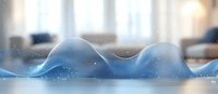 Smooth flowing waves create gentle curves against blurred background with bokeh light effects and floating particles in soft blue tones. Minimalist abstract composition.