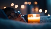 Young Asian woman sleeping peacefully in bed with glowing candle and soft bokeh lights creating cozy evening atmosphere. Wellness and relaxation concept.
