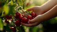 Fresh ripe red tomatoes on vine being gently picked by child's hand in garden during harvest time, sunlit natural setting captures organic farming moment.