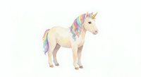 Cute unicorn with rainbow mane and tail standing on white background, isolated magical fantasy creature for children's designs and fairy tale projects.