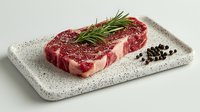 Raw ribeye steak with rosemary sprig and peppercorns on textured stone plate, ready for cooking. Premium beef cut showcasing marbling and rich red color.
