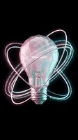 Glowing light bulb with digital data streams and neon orbital rings on black background representing innovation, technology and creative ideas for business.