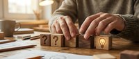 Business problem solving concept with wooden blocks showing question marks and lightbulb idea symbol on office desk for strategic planning.