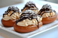 Fresh cream puffs filled with vanilla custard, topped with dark chocolate drizzle and powdered sugar, served on white plate, close up view of pastry desserts.