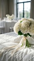 White hydrangea wedding bouquet with silk ribbon on bed in elegant bridal suite with natural window light for romantic ceremony preparation.