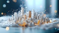 Modern cityscape with glowing skyscrapers emerging from misty clouds, featuring silver and gold tones against blue background with magical bokeh lights and sparkles.