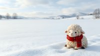 Cute stuffed sheep toy wearing red scarf sitting alone on snowy winter landscape with frozen lake and mountains in background. Seasonal holiday decoration.