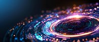 Futuristic circular technology pattern with glowing neon lights and digital particles creating dynamic motion effect against dark background. Perfect for tech concepts.