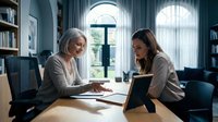 Mature woman with gray hair and younger woman with brown hair, both appearing to be professionals, sitting at a wooden desk in a modern office library setting with large arched windows, engaged in a business meeting or consultation.
