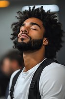 Young African American man with curly afro hair and beard relaxing with eyes closed, wearing white shirt and black suspenders in modern indoor setting.